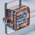 Renderização 3D abstrata de tecnologia e inteligência artificial, com cubos digitais sendo manipulados em um ambiente futurista.