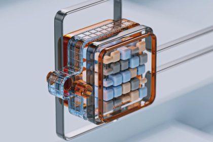 Renderização 3D abstrata de tecnologia e inteligência artificial, com cubos digitais sendo manipulados em um ambiente futurista.