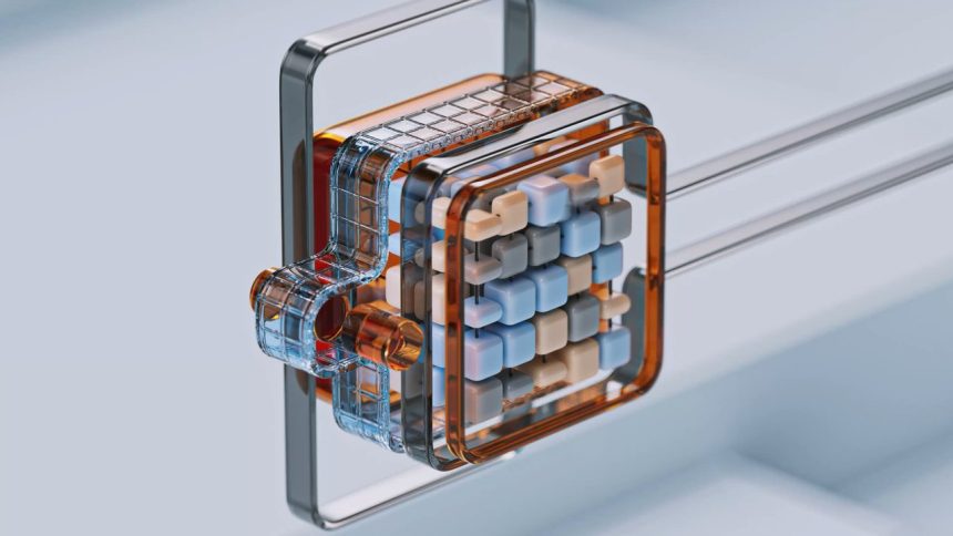Renderização 3D abstrata de tecnologia e inteligência artificial, com cubos digitais sendo manipulados em um ambiente futurista.